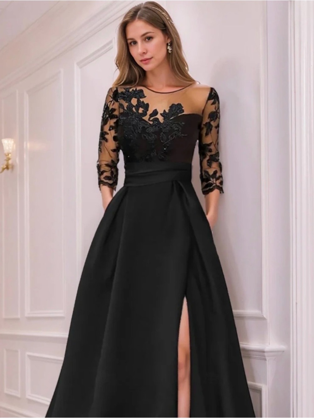 Black 3/4 Sleeve Evening Gown with lace accents